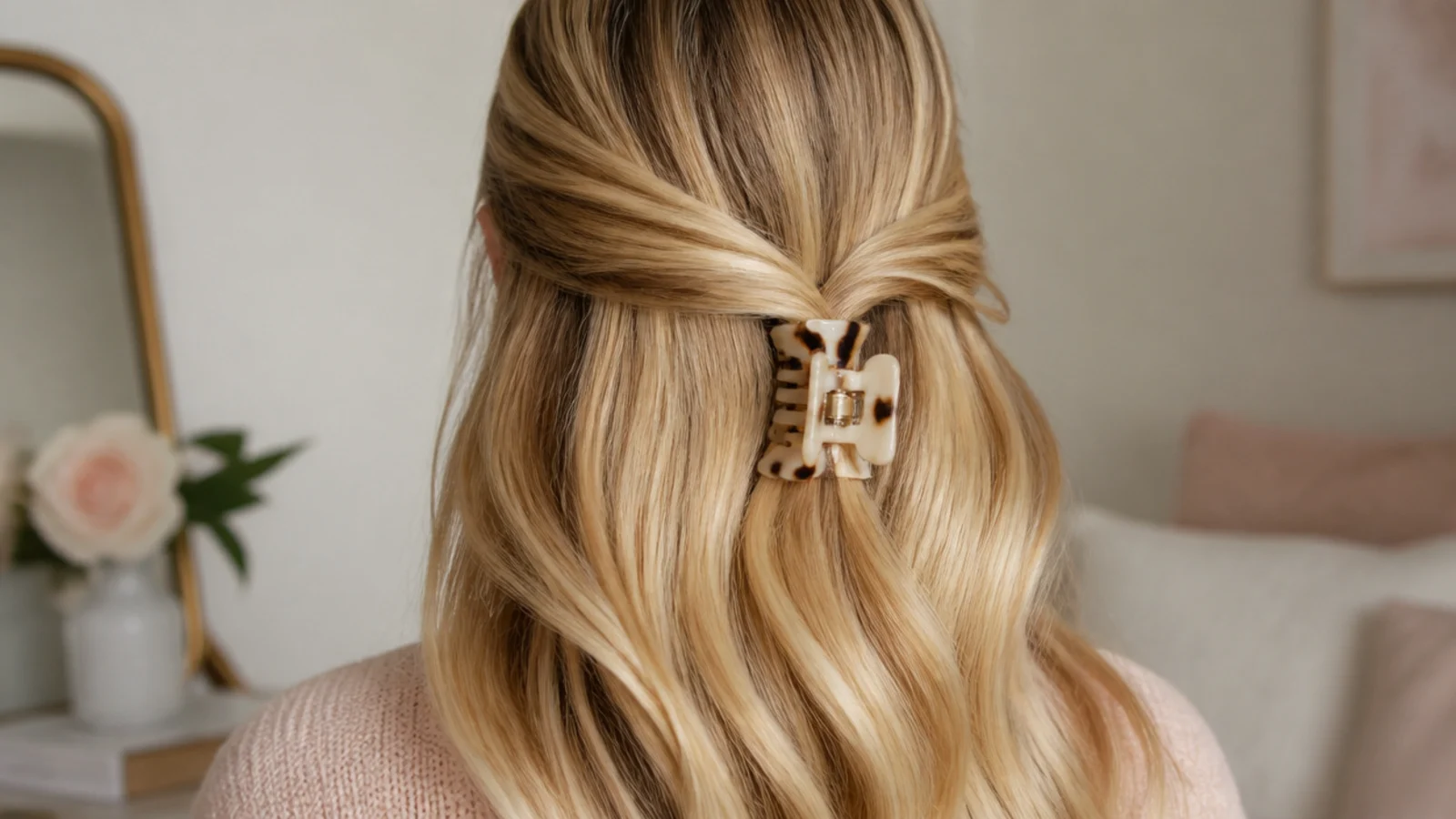 Faceless back view of a half-up section twisted and held with a medium claw clip