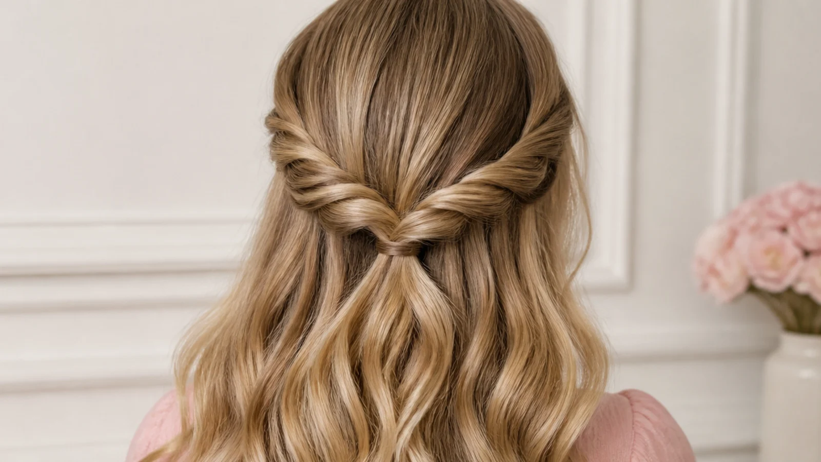 Faceless back view of two rope twists pulled back and joined into a half-up style