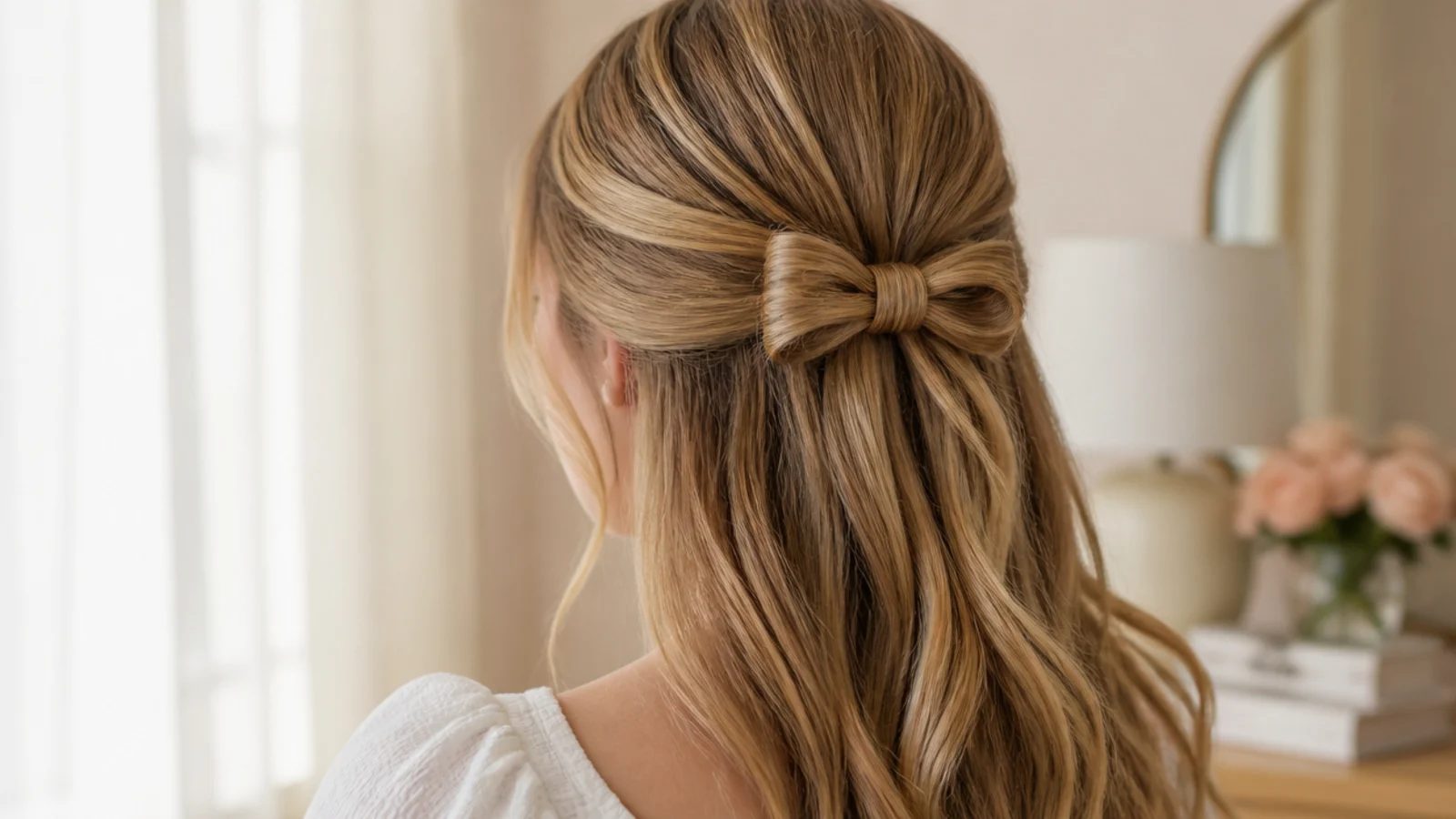 Faceless back view of a half-up style finished with a hair-strand bow at the tie