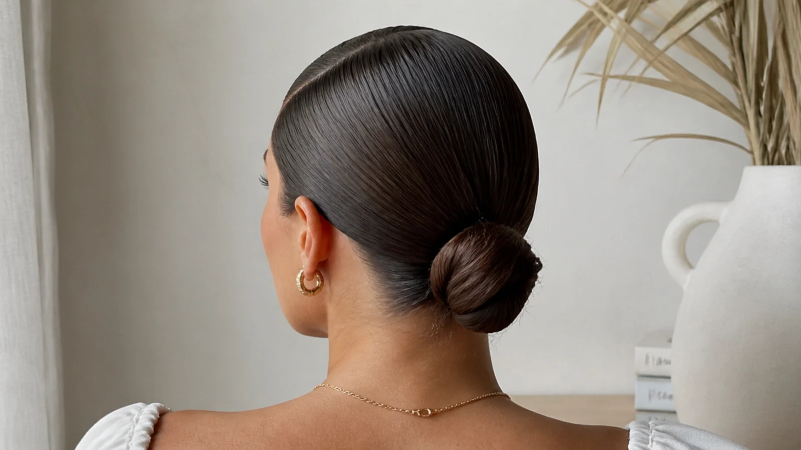 Faceless back view of a sleek slicked-back low bun set with gel on the sides