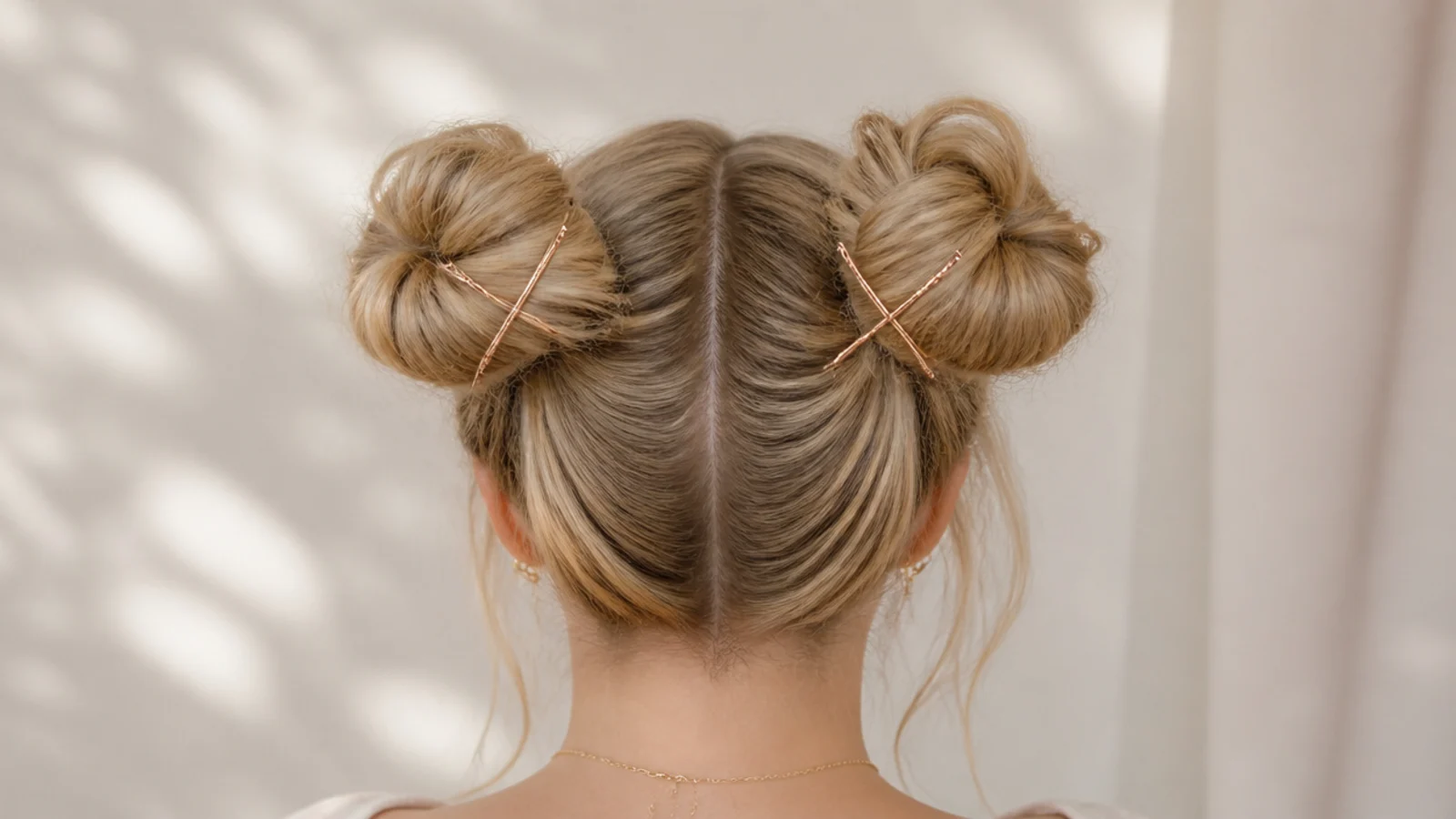 Faceless back view of two symmetrical space buns secured with crossed pins