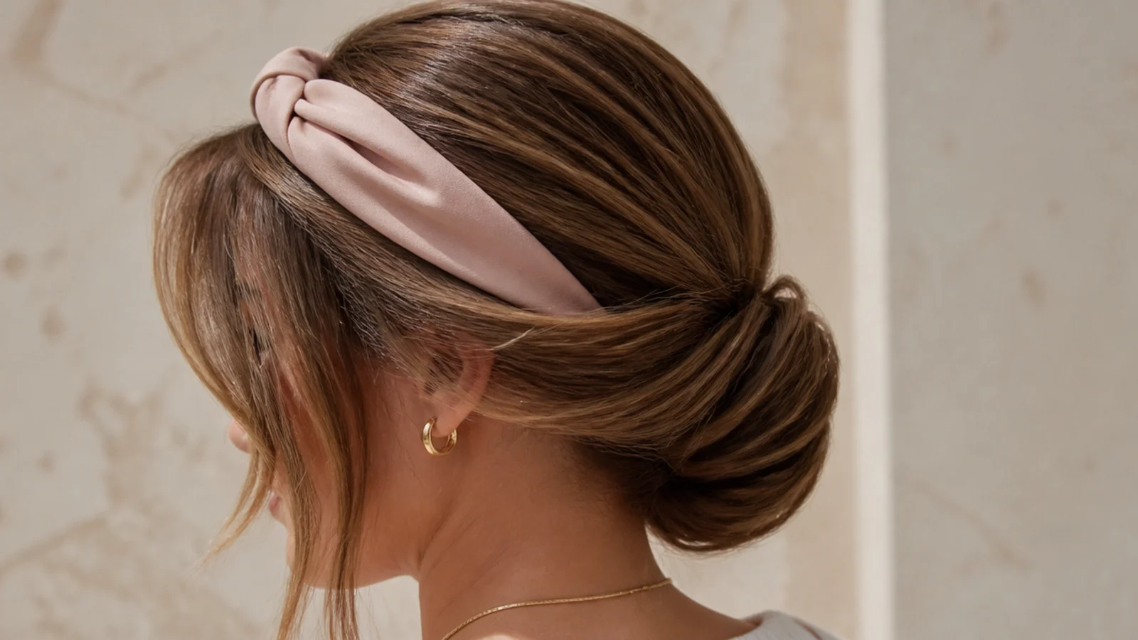 Faceless side view of hair rolled and tucked around a soft elastic headband