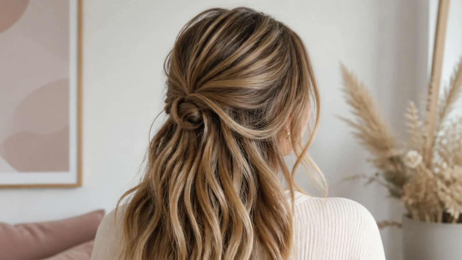 Faceless back view of a textured second-day half-up style with natural grip and volume