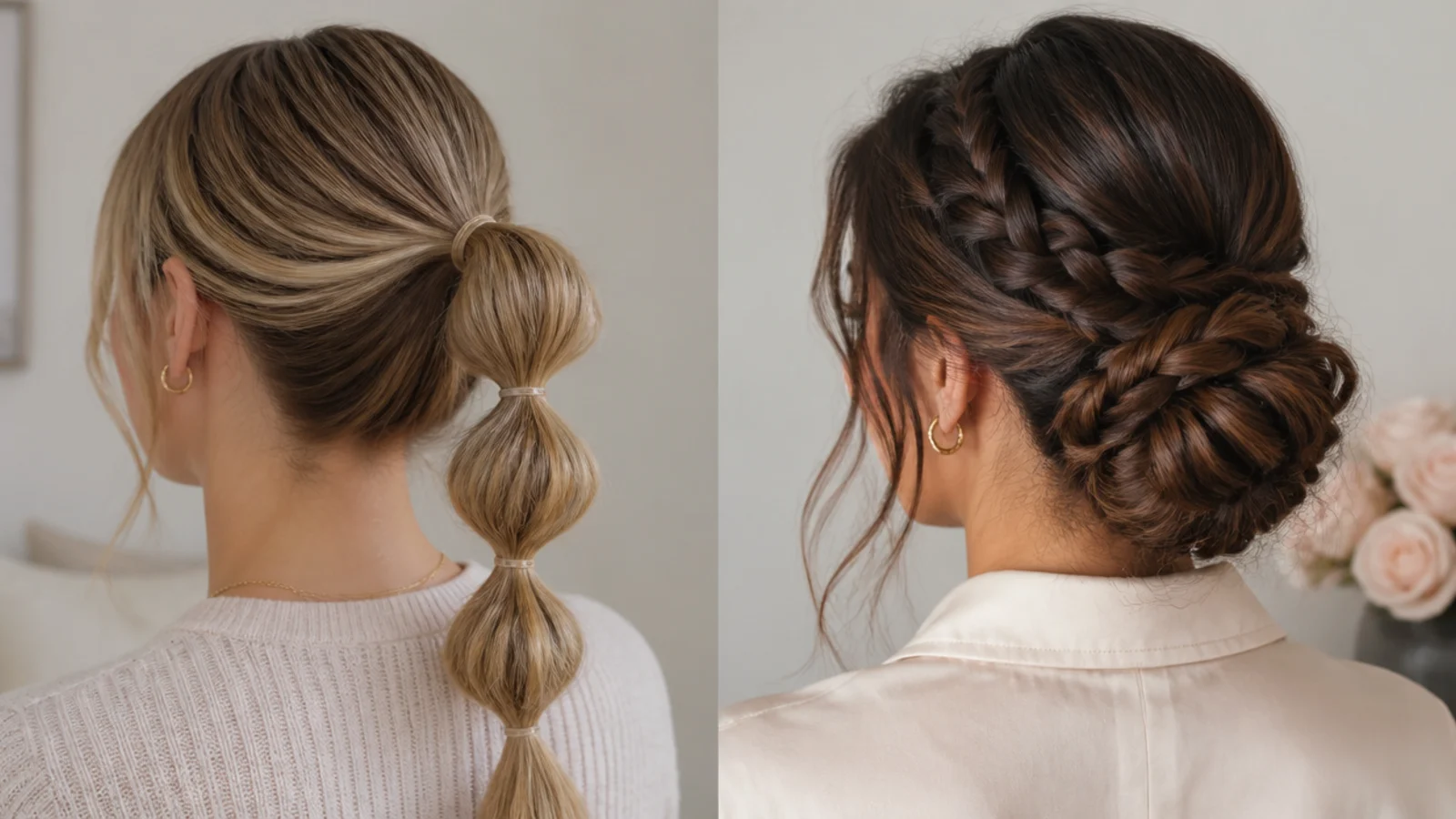 Faceless split view of a bubble ponytail on fine hair beside a braided bun on thick hair