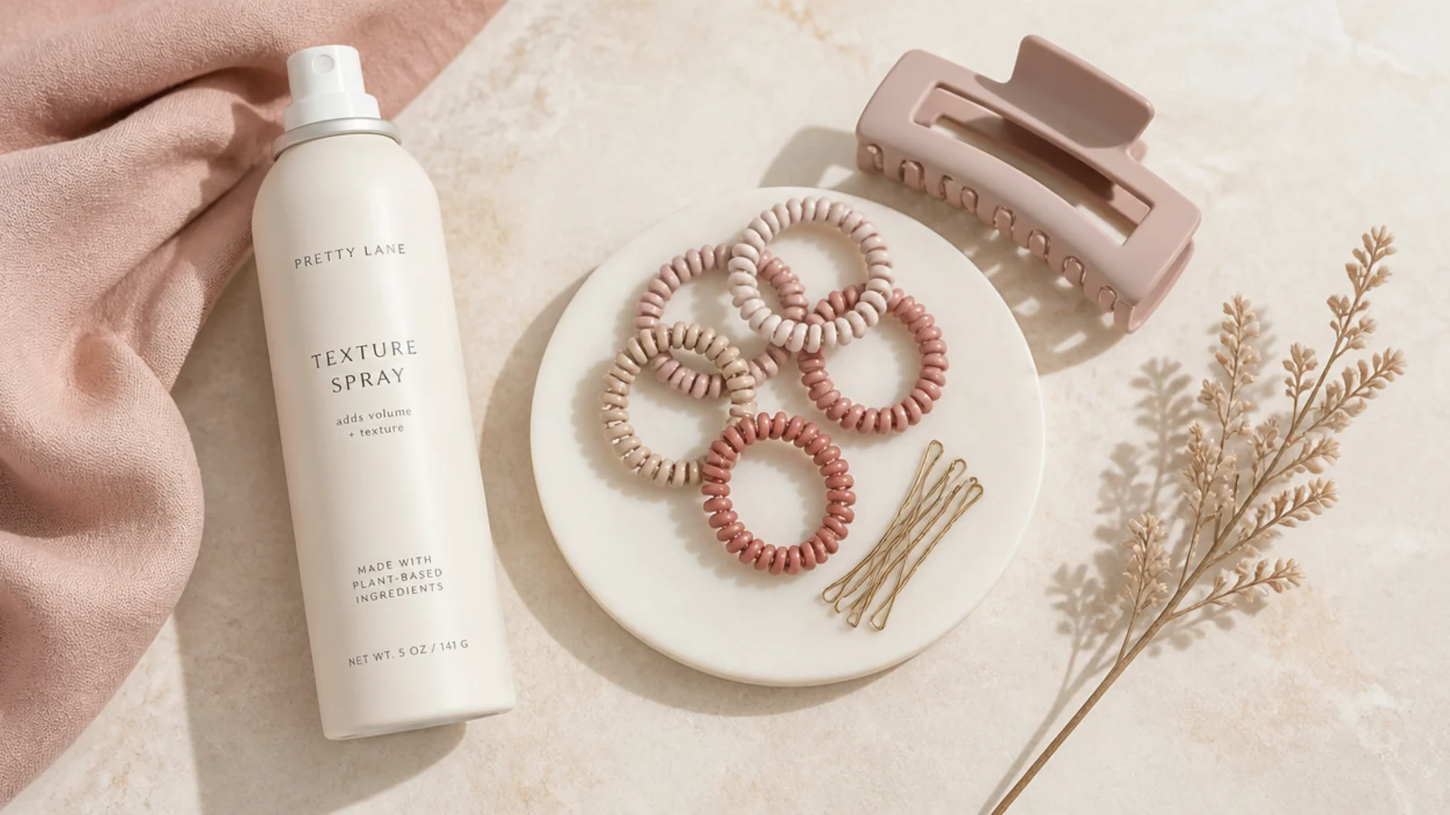 Faceless flat lay of texture spray, spiral elastics, bobby pins and a claw clip for all-day hold