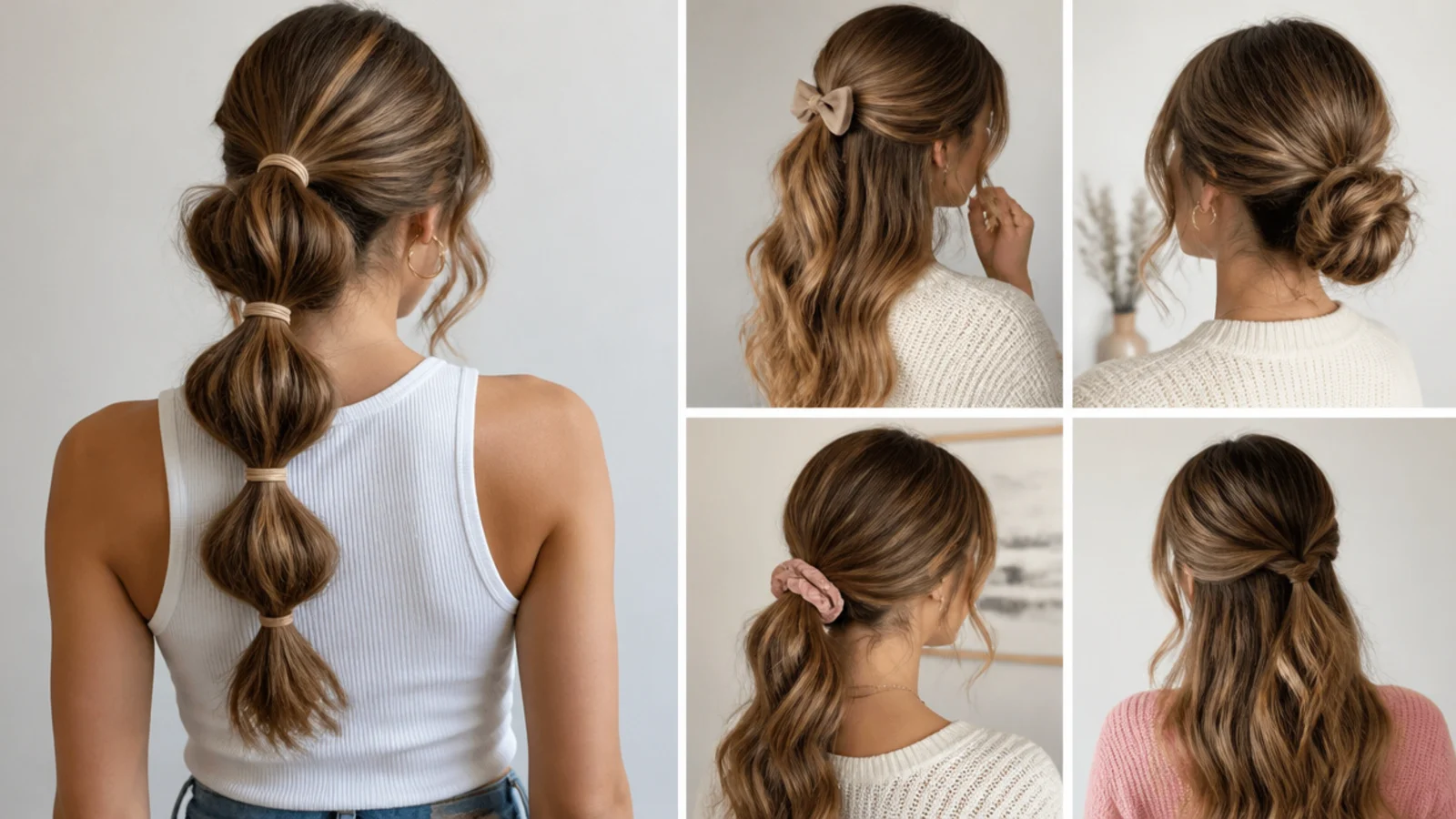 Faceless collage of cute all-day hairstyles including a bubble ponytail and a low twisted bun