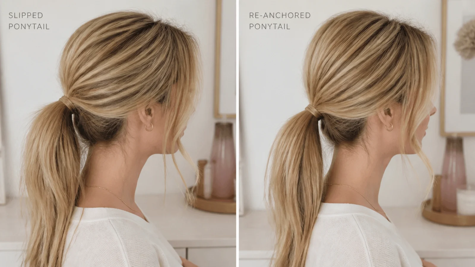 Faceless side view comparing a slipped ponytail and a re-anchored ponytail on fine hair