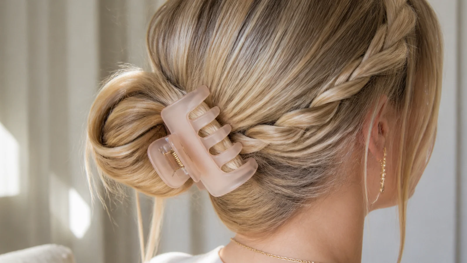 Faceless close-up of a claw clip biting into a small base braid for extra grip on fine hair