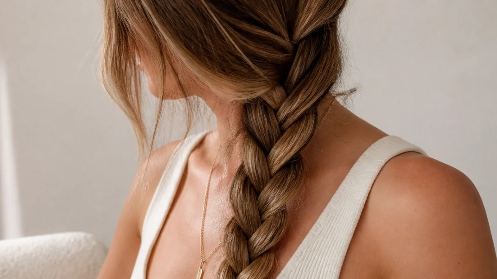 Faceless side view of a single classic three-strand braid resting over one shoulder