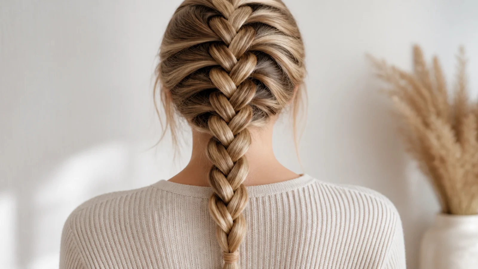 Faceless back view of a single French braid running down the center of the head