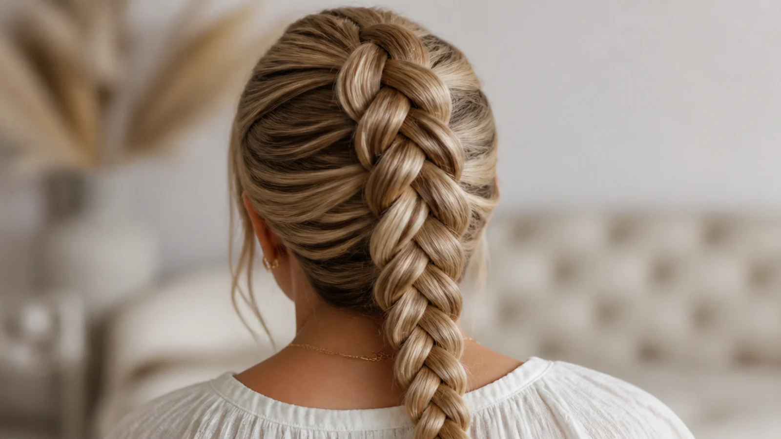 Faceless back view of a raised Dutch braid standing off the head down the center