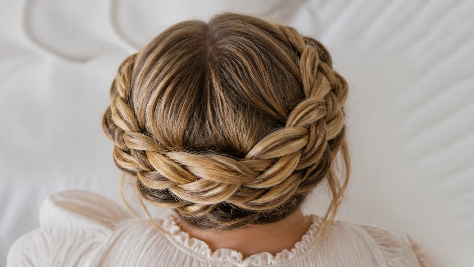 Faceless overhead view of two braids wrapped over the crown as a milkmaid style