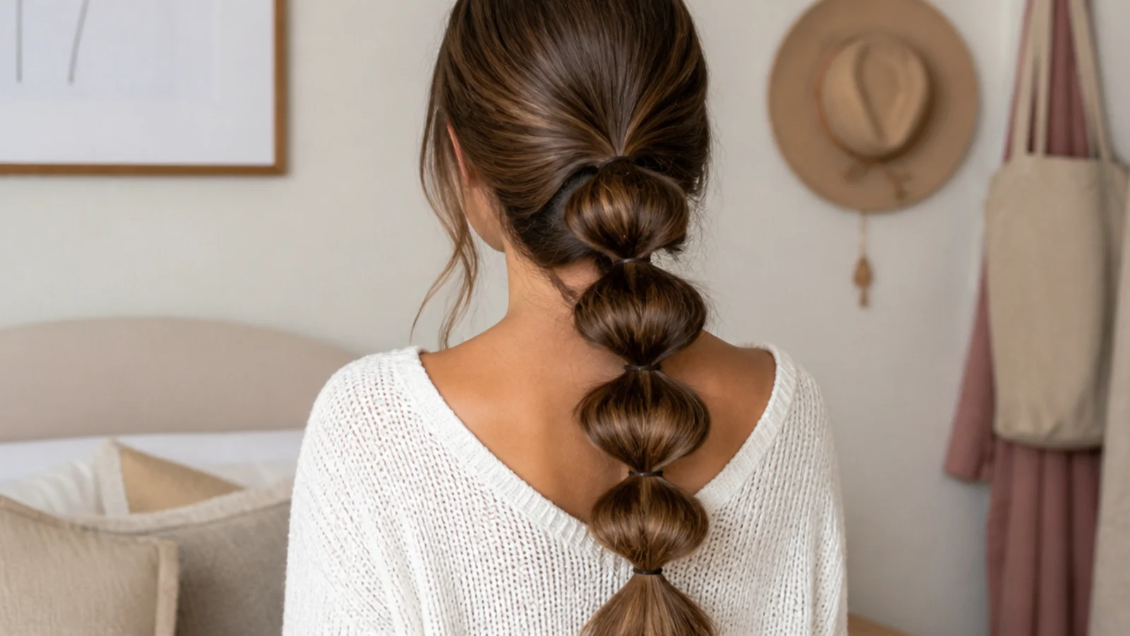 Faceless back view of a full bubbled pull-through braid down the center of the back