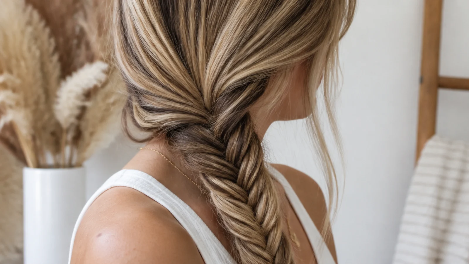 Faceless side view of a fine woven fishtail braid over one shoulder