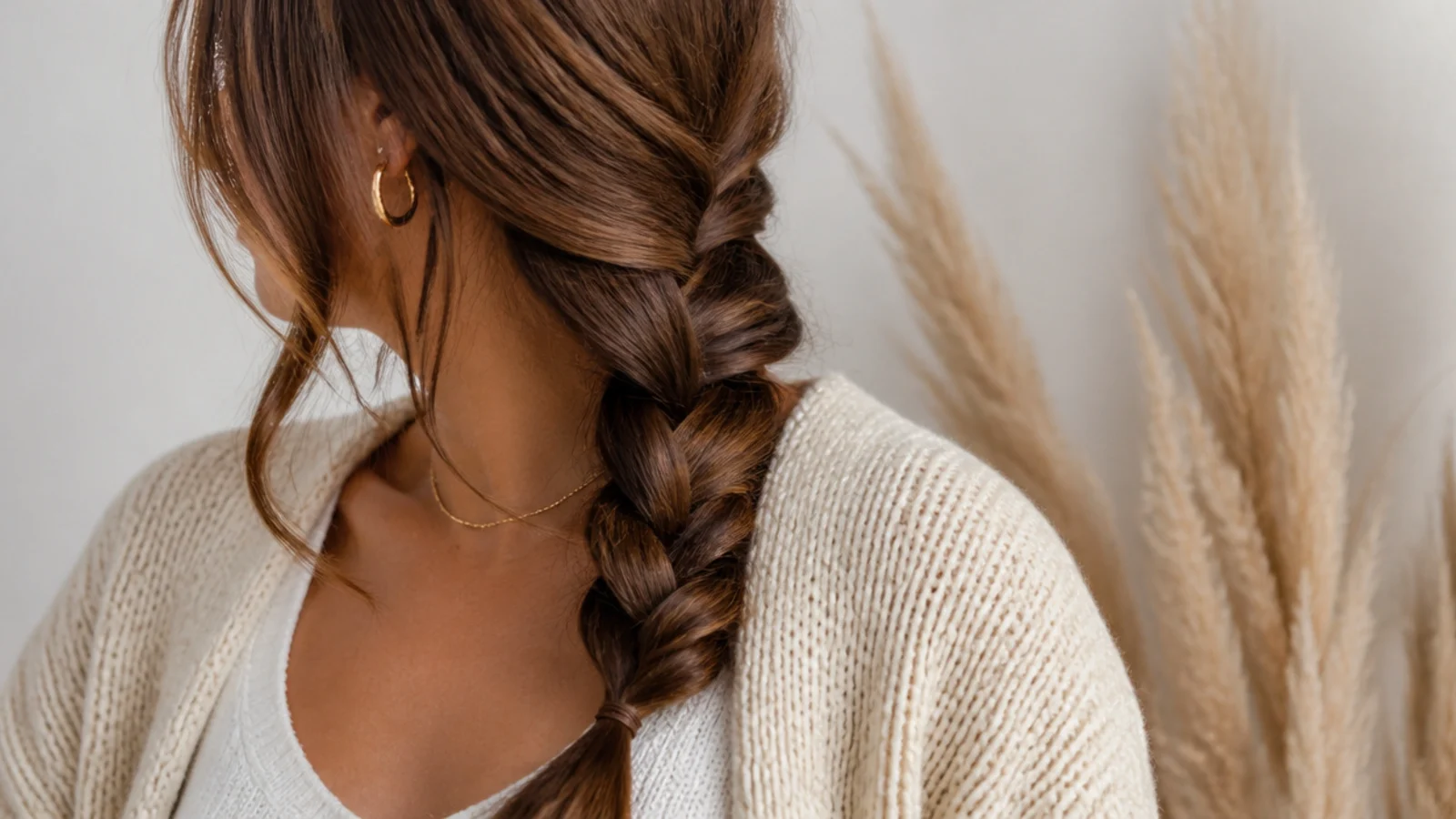 Faceless front-side view of a loose side braid draped over one shoulder