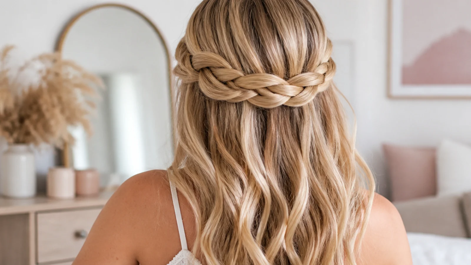 Faceless back view of a half-up crown braid connecting two sides above loose hair