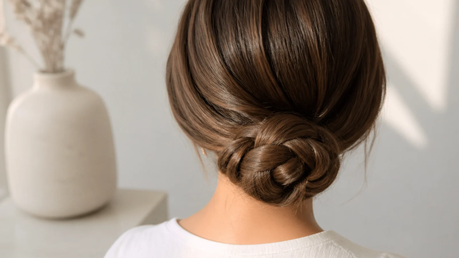Faceless back view of a plain braid coiled into a low bun at the nape