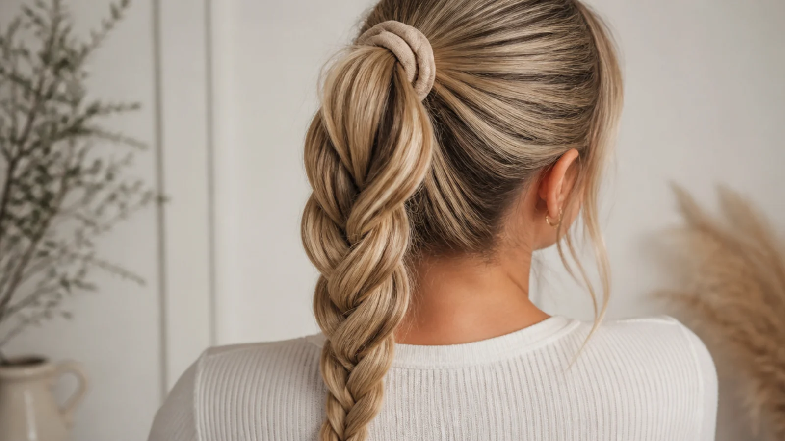 Faceless back view of a two-strand twisted rope braid hanging from a high ponytail
