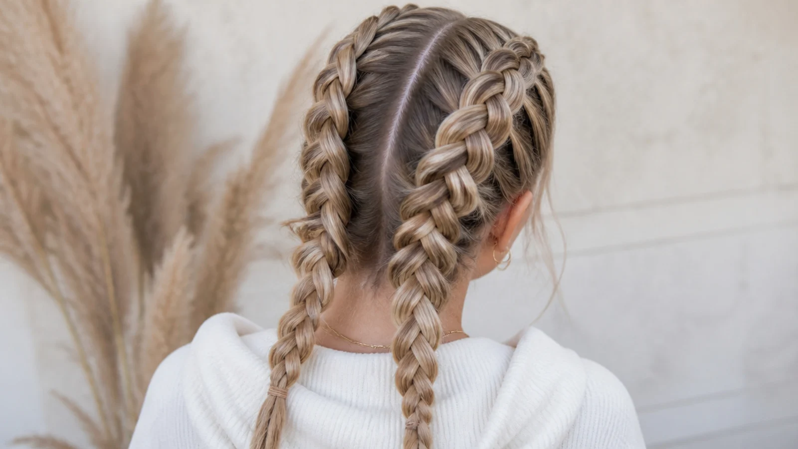 Faceless back view of two parallel Dutch braids running down either side of the head