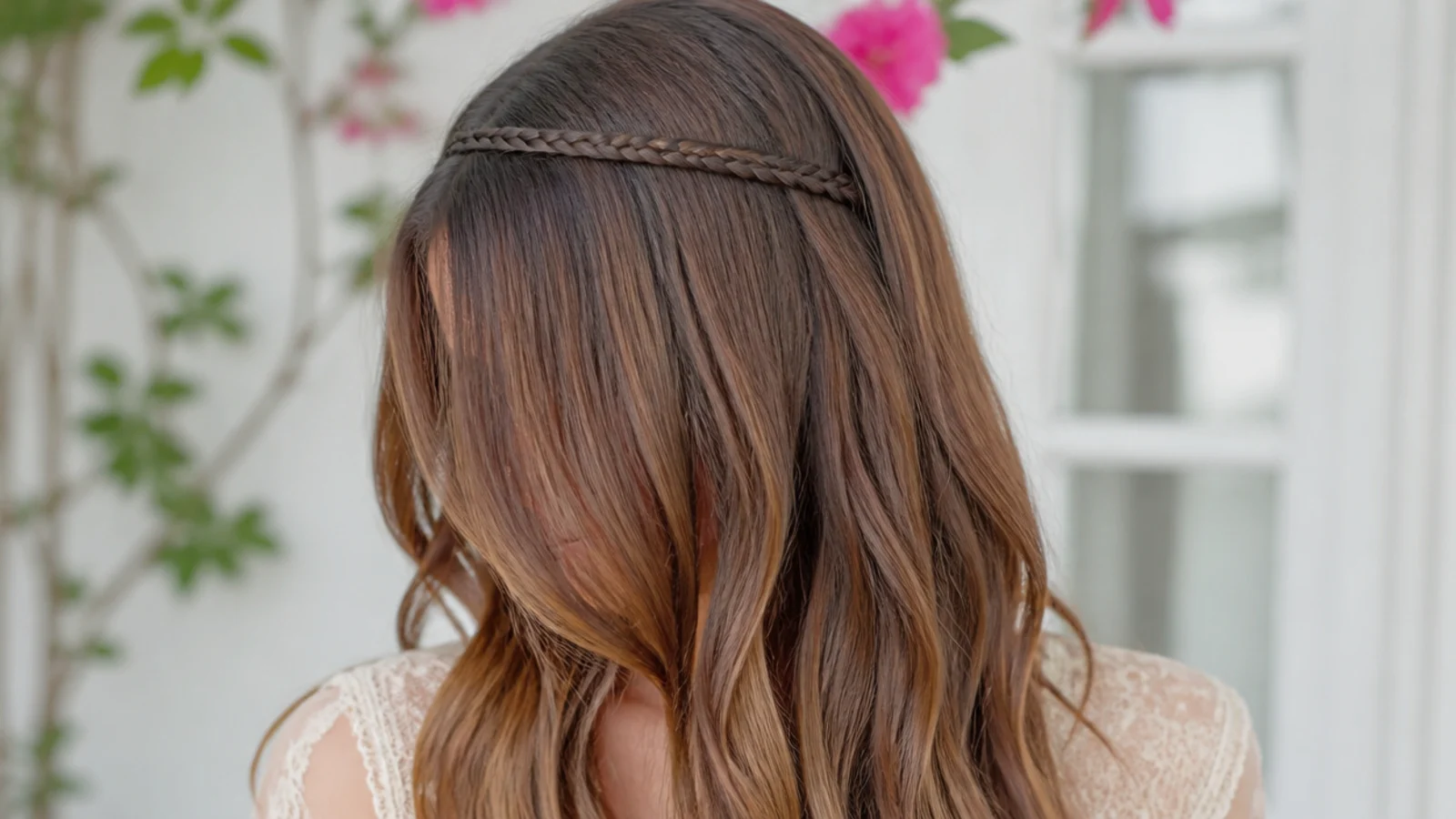 Faceless front view of a thin lace braid running across the hairline like a headband