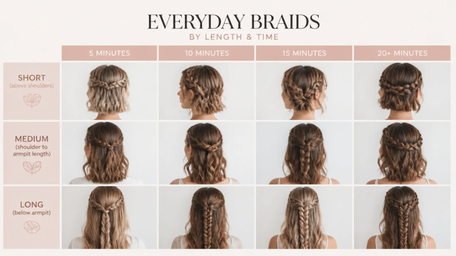 Faceless chart-style layout of everyday braids grouped by hair length and minutes