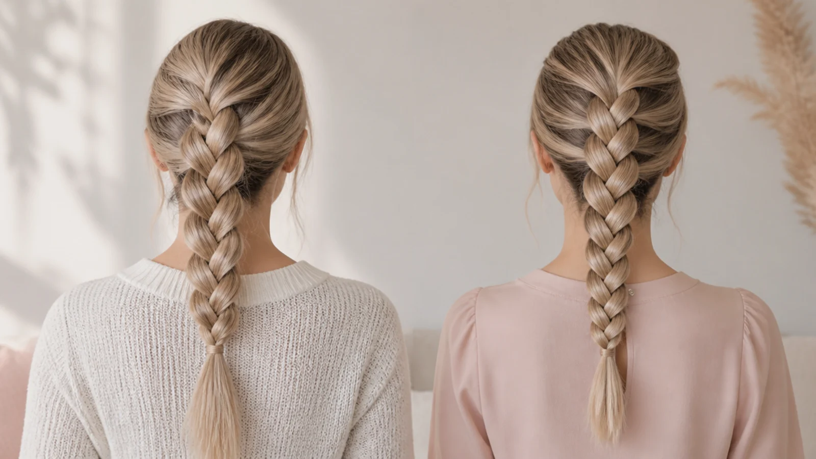 A lumpy uneven Dutch braid next to a smooth even Dutch braid for comparison