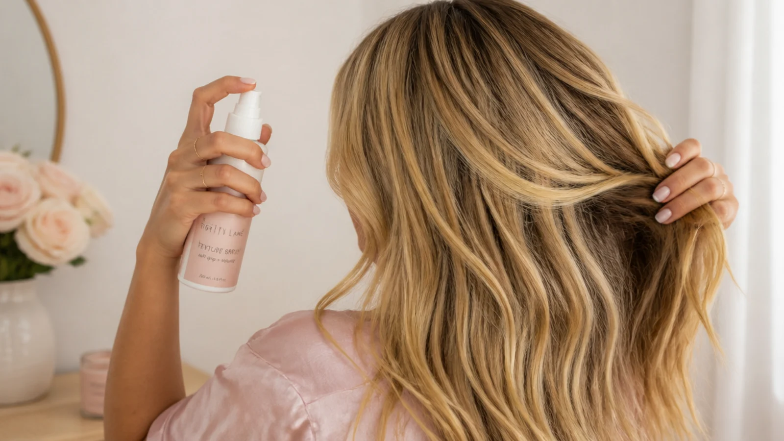 Texture spray being worked through second-day hair before braiding for grip