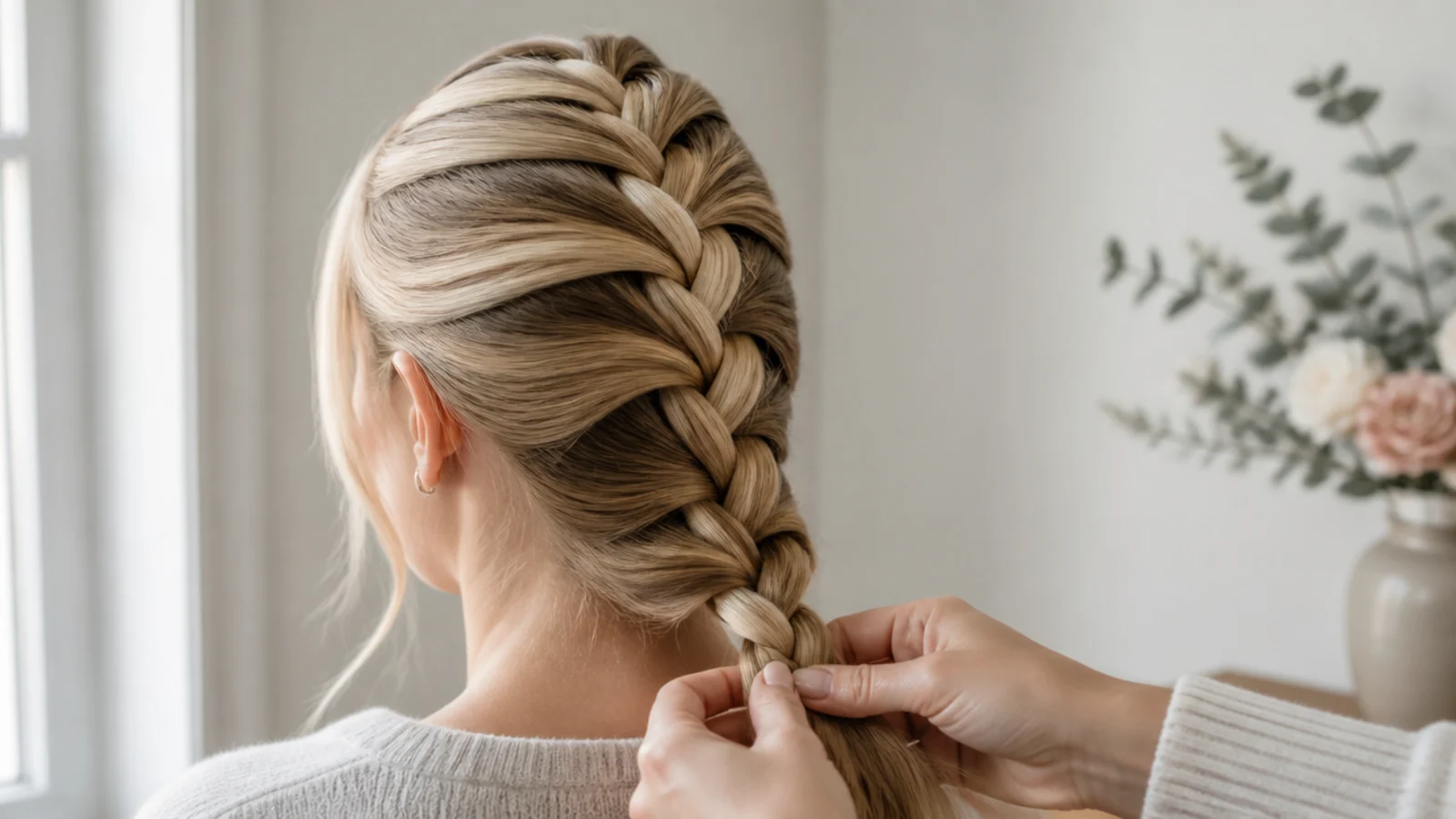 Outer hair strand crossing under the middle strand to form a Dutch braid