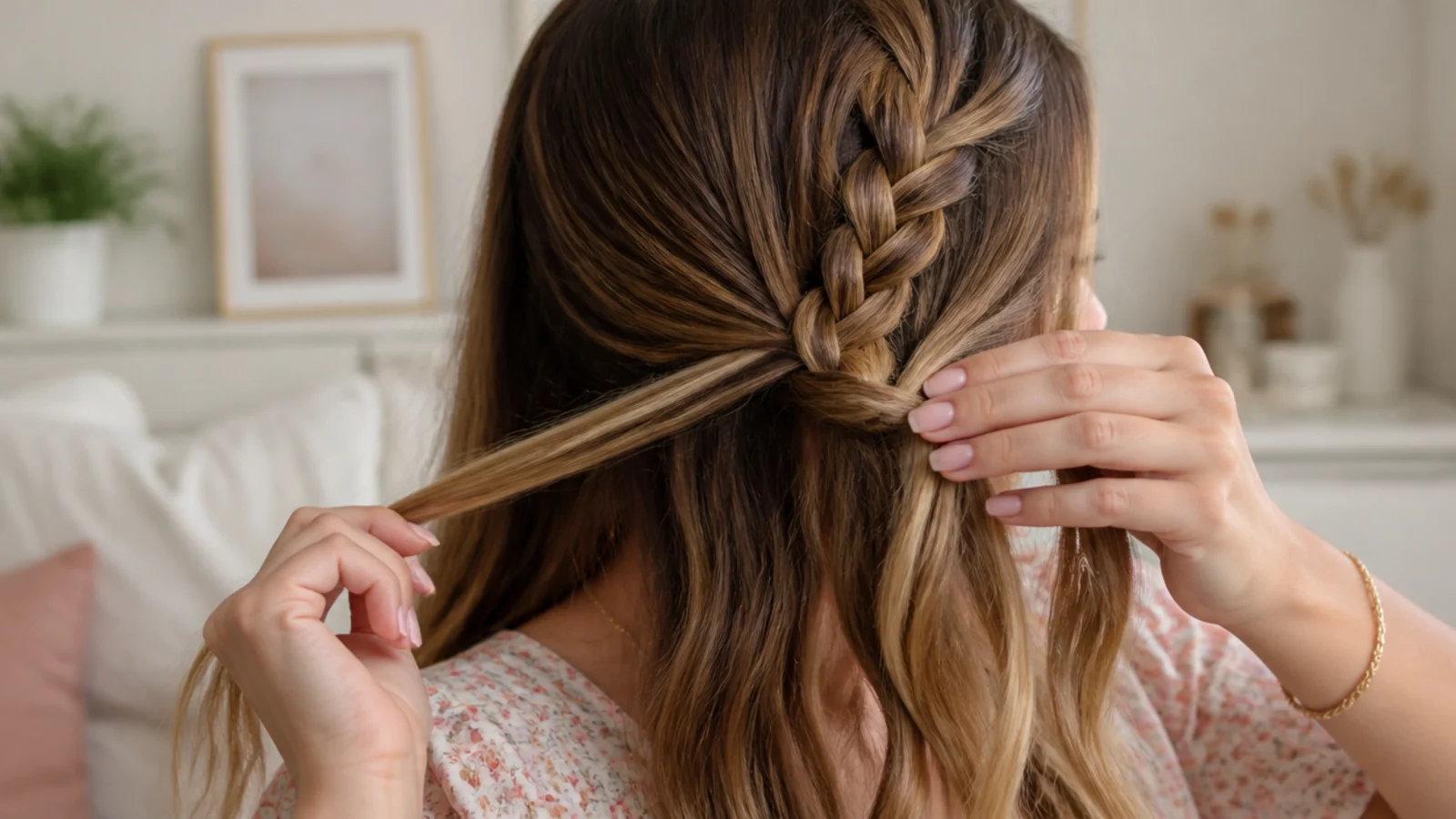 A small section of loose hair being gathered into the outer strand of a braid