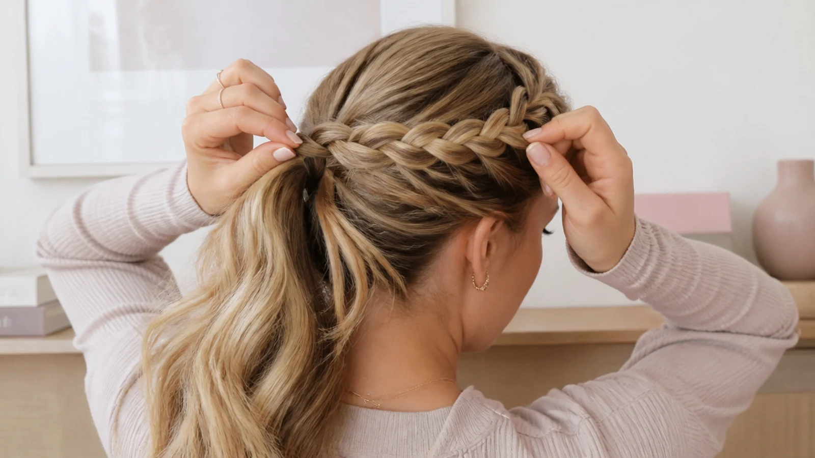 Hands holding a braid taut against the scalp to keep even tension