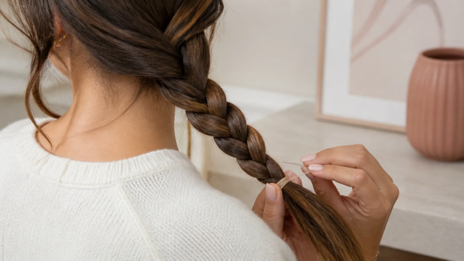 A small clear elastic being wrapped around the end of a finished braid
