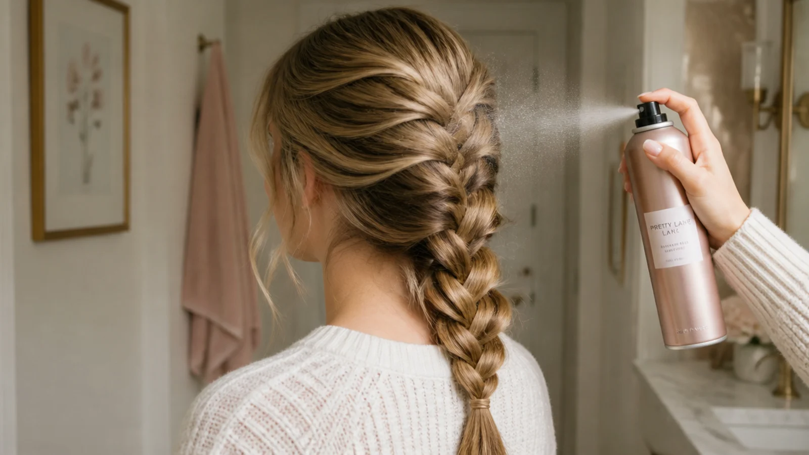 A light mist of hairspray setting a finished everyday braid and flyaways