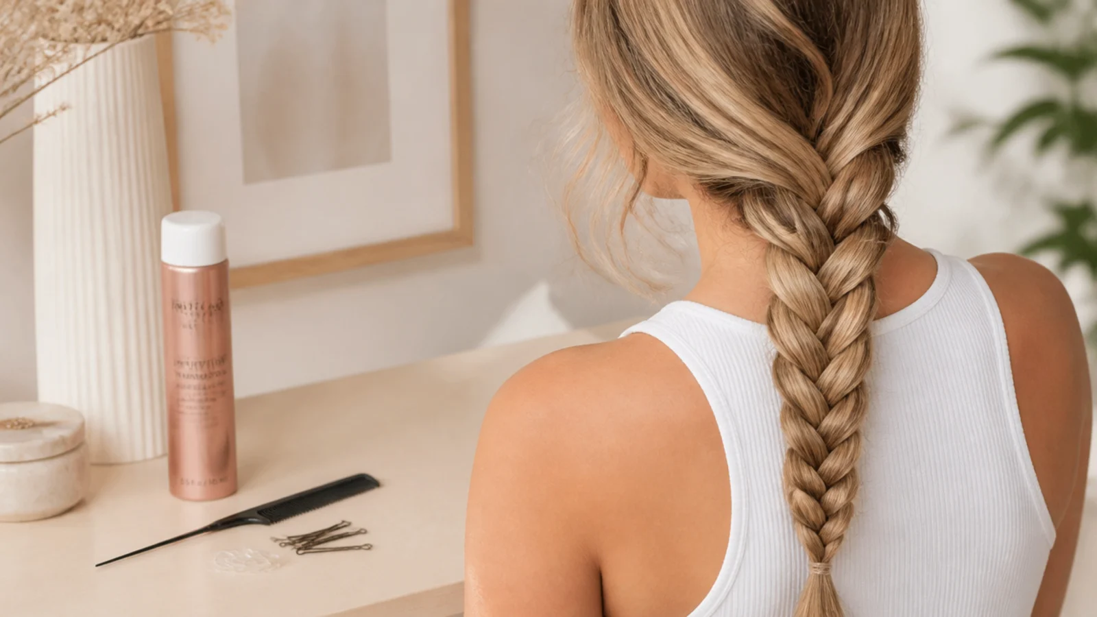 Braiding tools laid out: rat-tail comb, clear elastics, bobby pins and texture spray