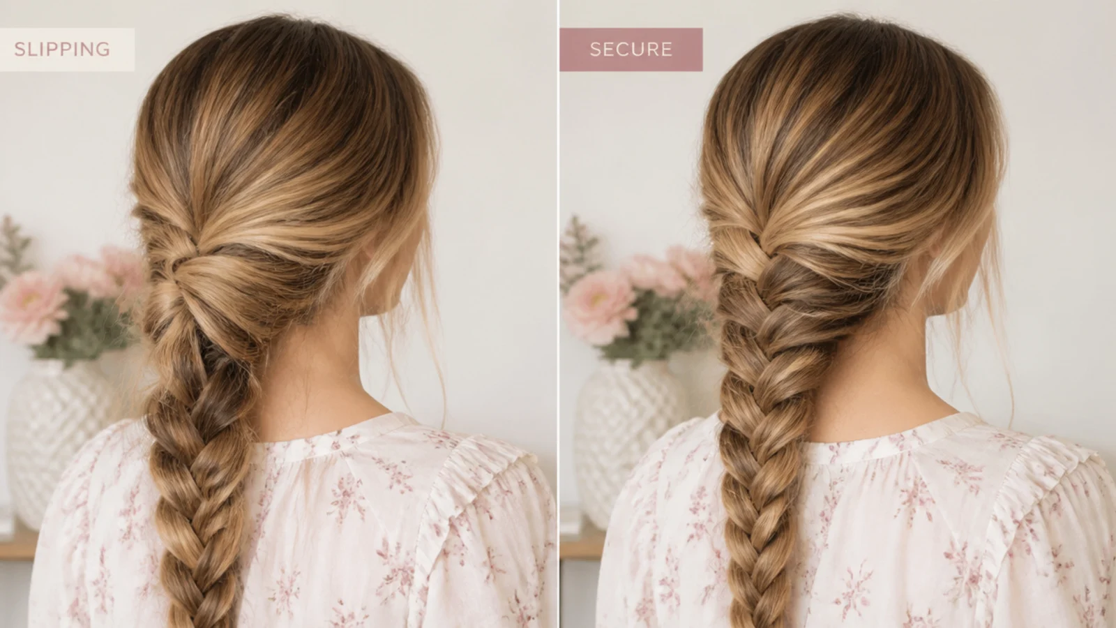 Side-by-side of a slipping loose braid and a secure textured braid for comparison