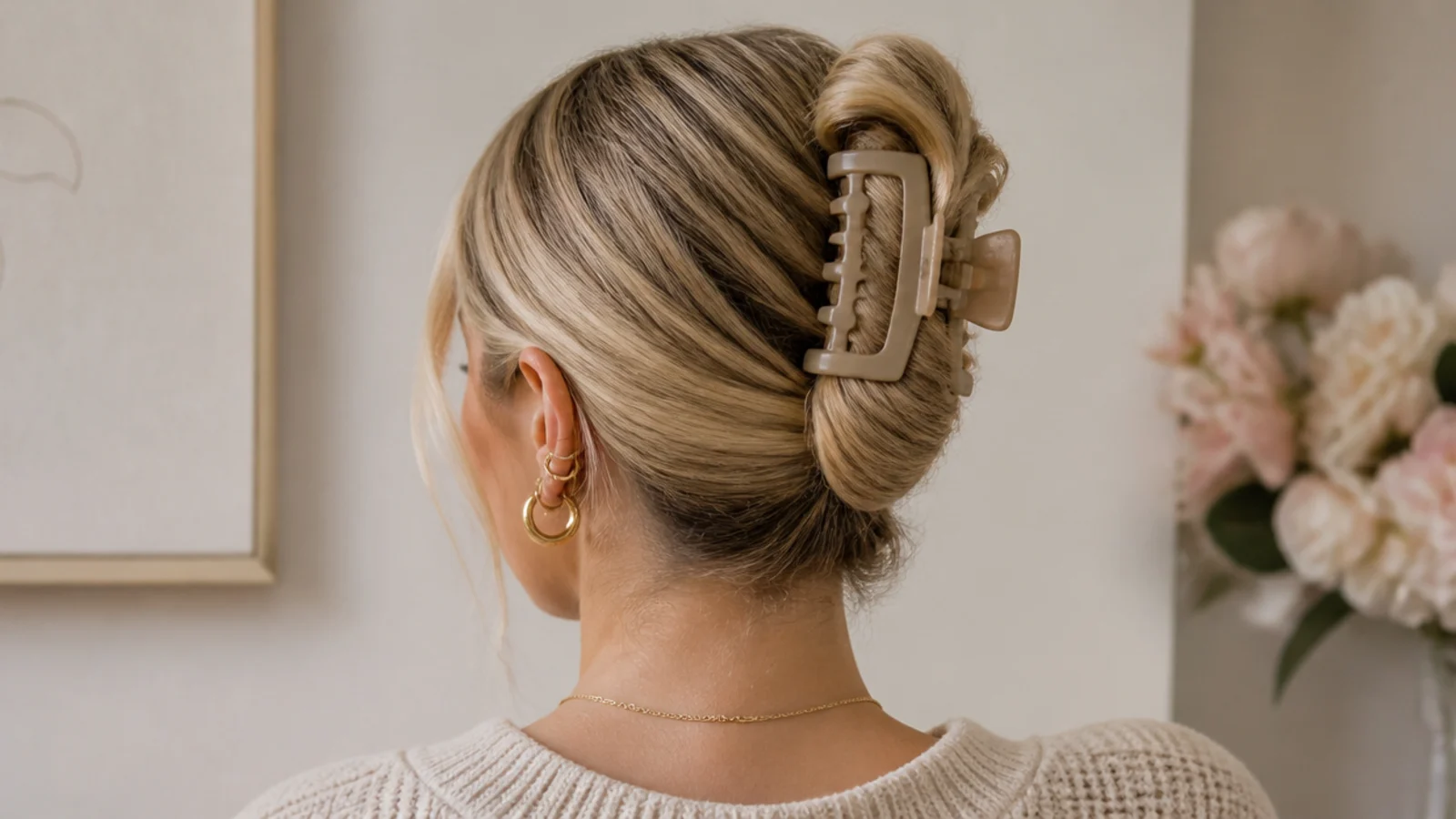 Faceless back view of a claw clip twist updo with the ends tucked and a large jaw clip holding it