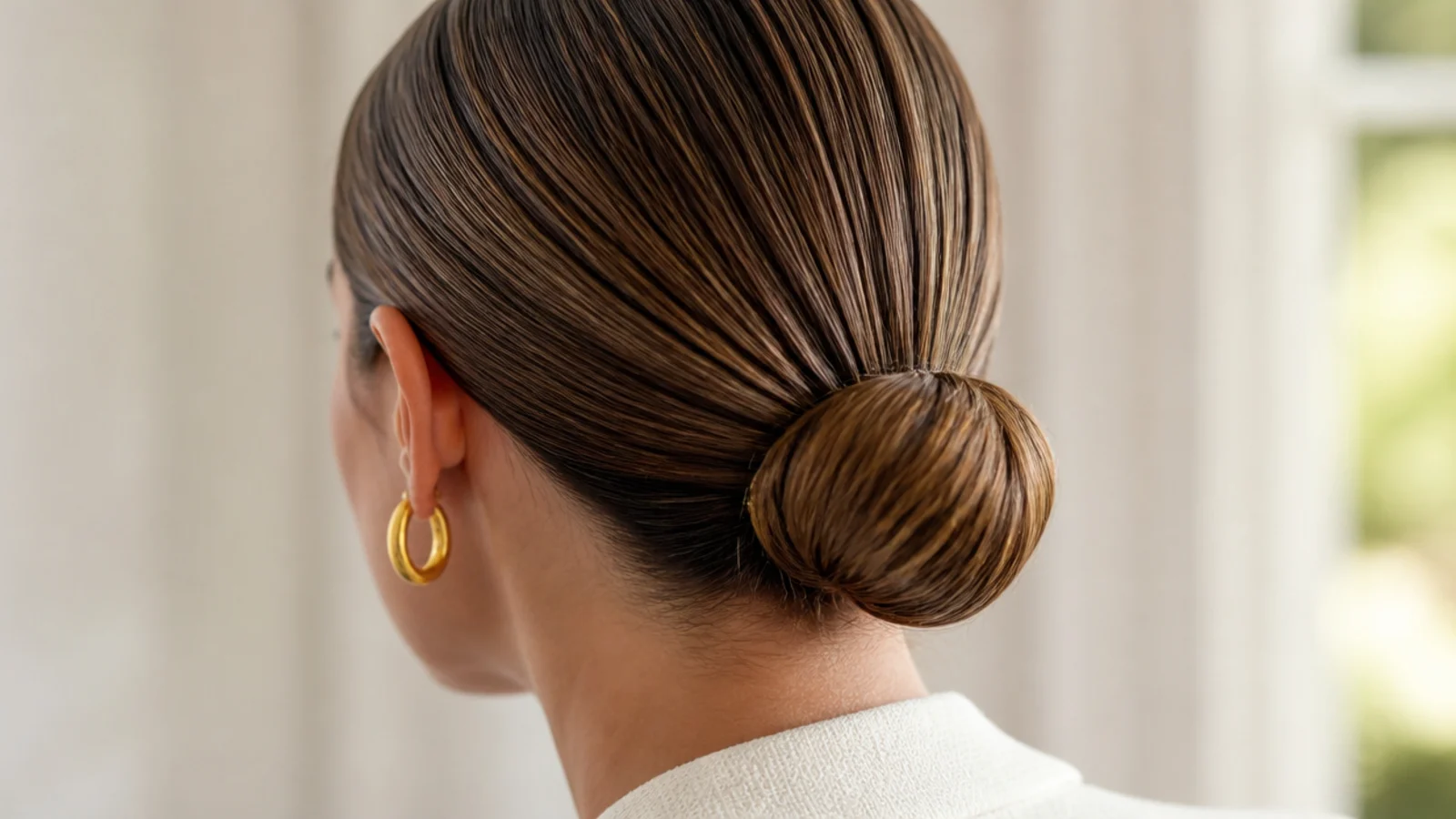 Faceless back view of a sleek slicked-back low bun secured at the nape with an elastic and pins