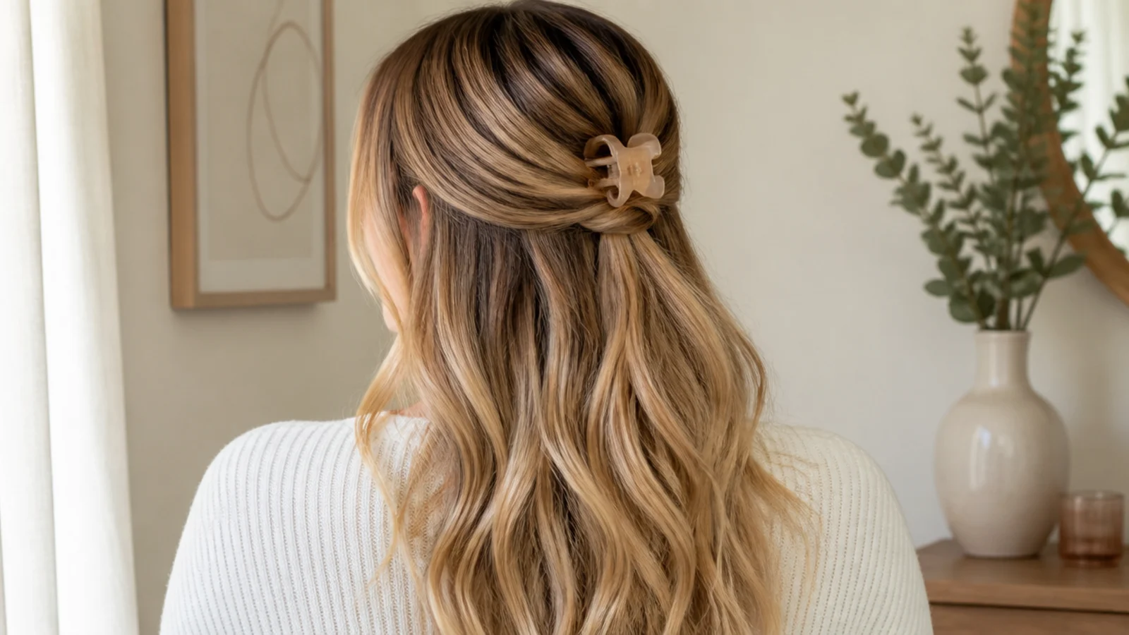Faceless back view of a half-up half-down style with the top section twisted into a small claw clip