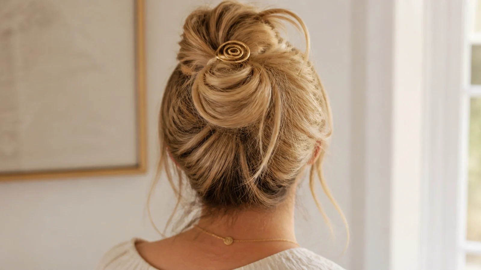 Faceless back view of a relaxed messy bun held by a spiral spin pin at the crown
