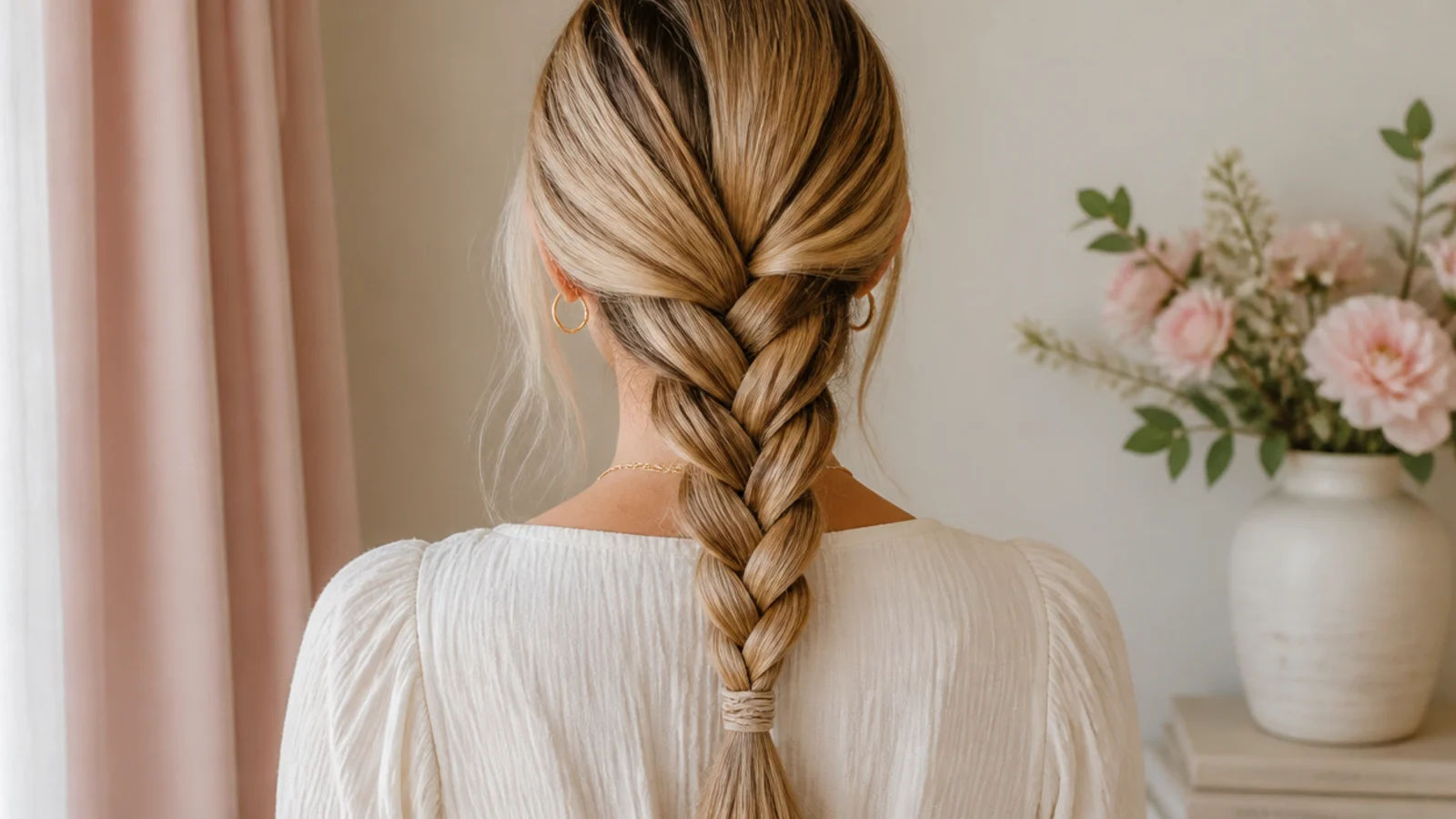Faceless back view of a single classic three-strand braid running down the center of the back