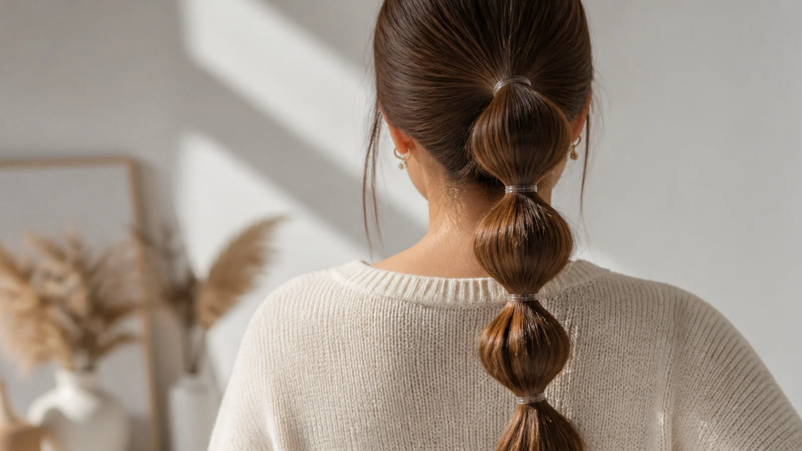 Faceless back view of a bubble ponytail segmented into even puffs with small clear elastics