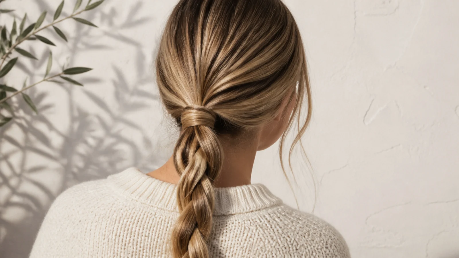 Faceless back view of a two-strand rope braid twisting down from a mid-height ponytail