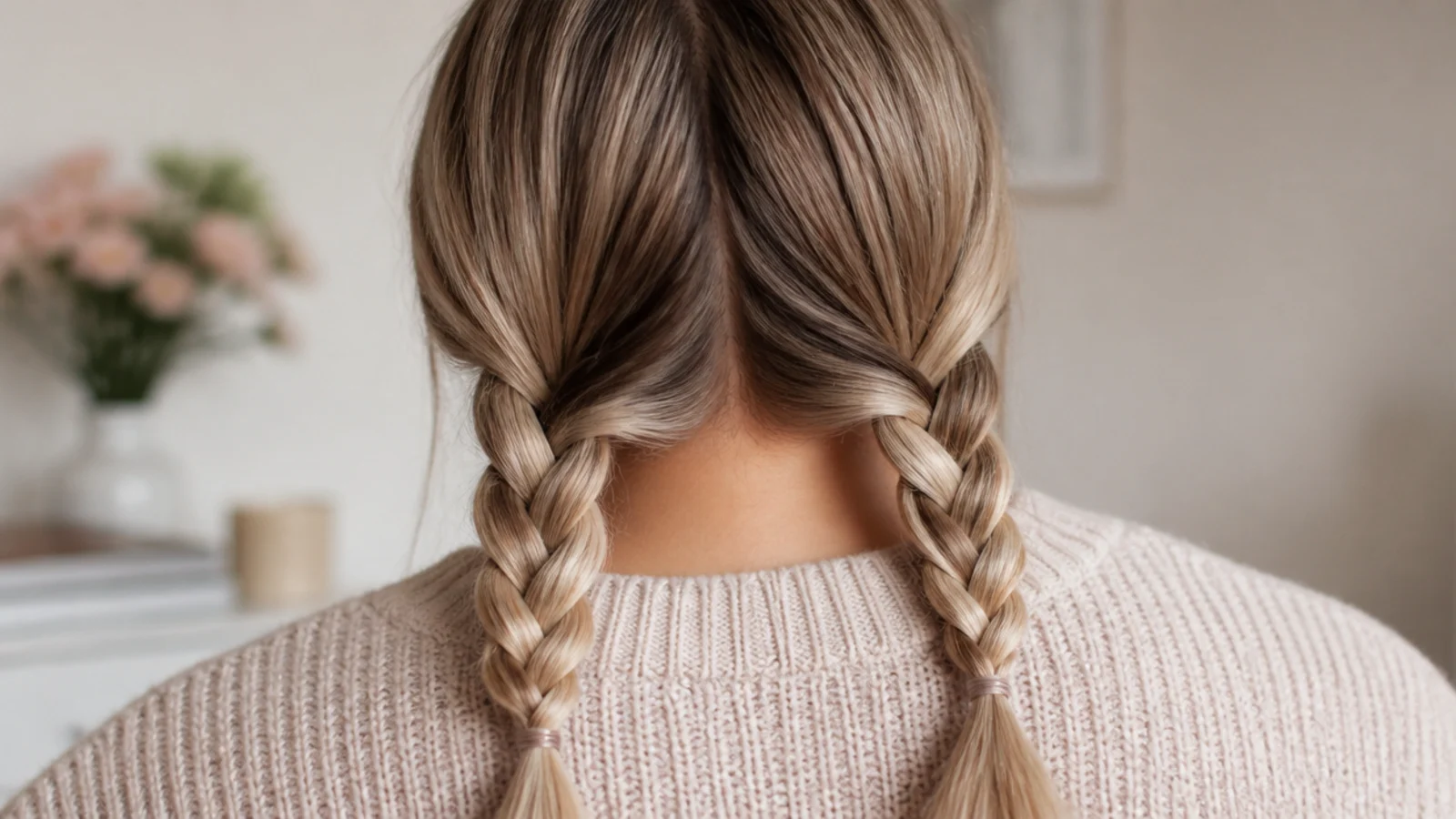 Faceless back view of two low three-strand pigtail braids parted down the center at the nape