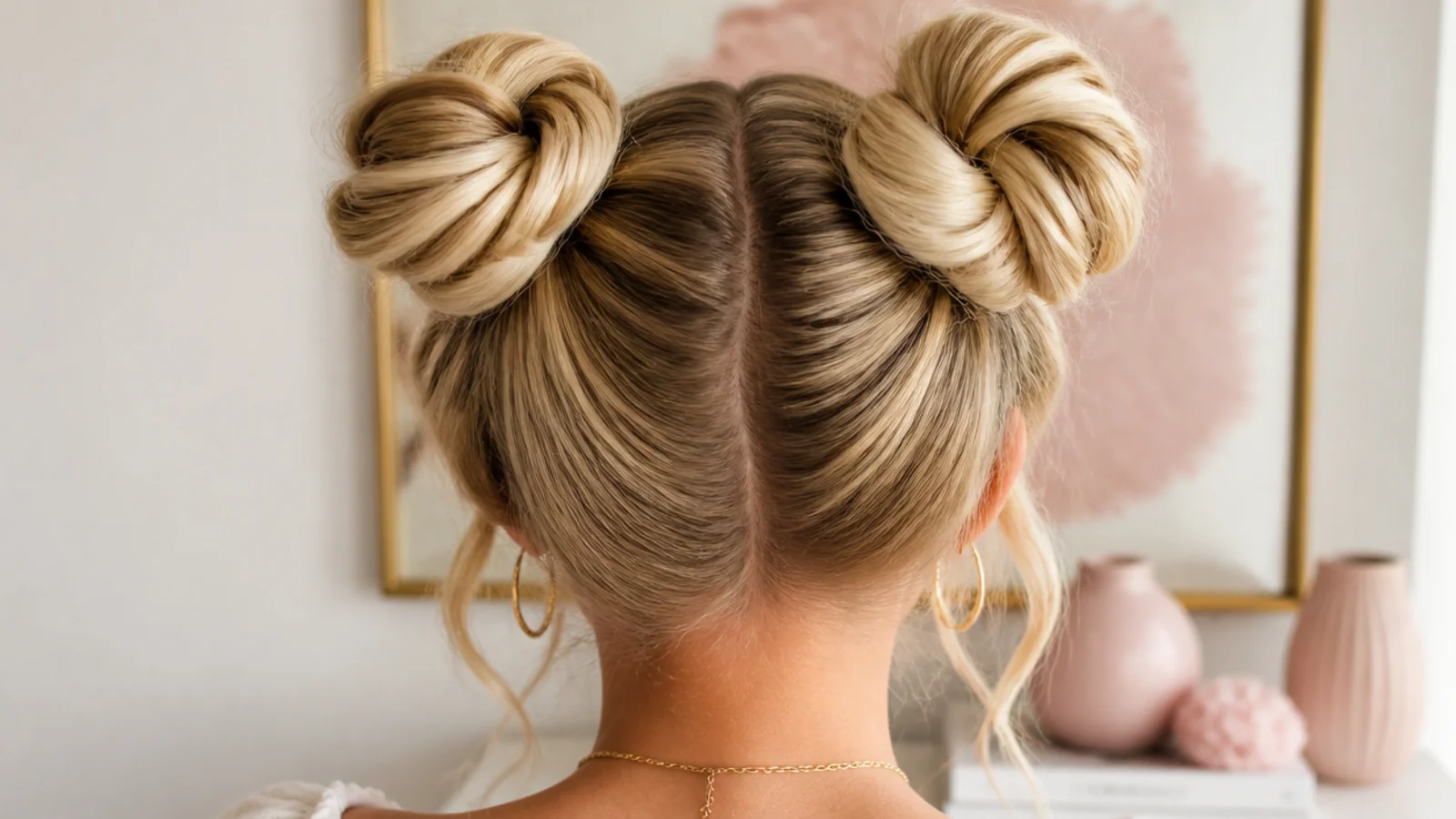 Faceless back view of two high space buns positioned symmetrically on either side of the crown