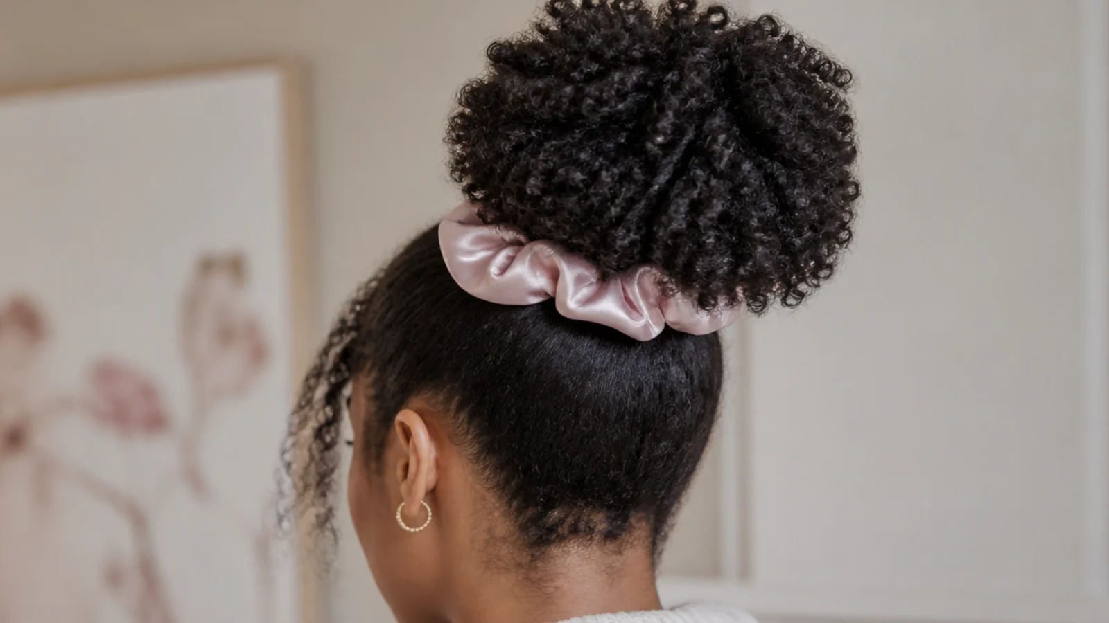 Faceless back view of a high afro puff gathered with a wide satin scrunchie on coily hair