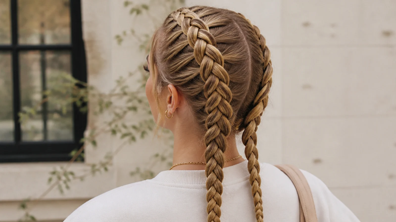 Faceless back view of two tight Dutch braids running from the hairline to the nape and down