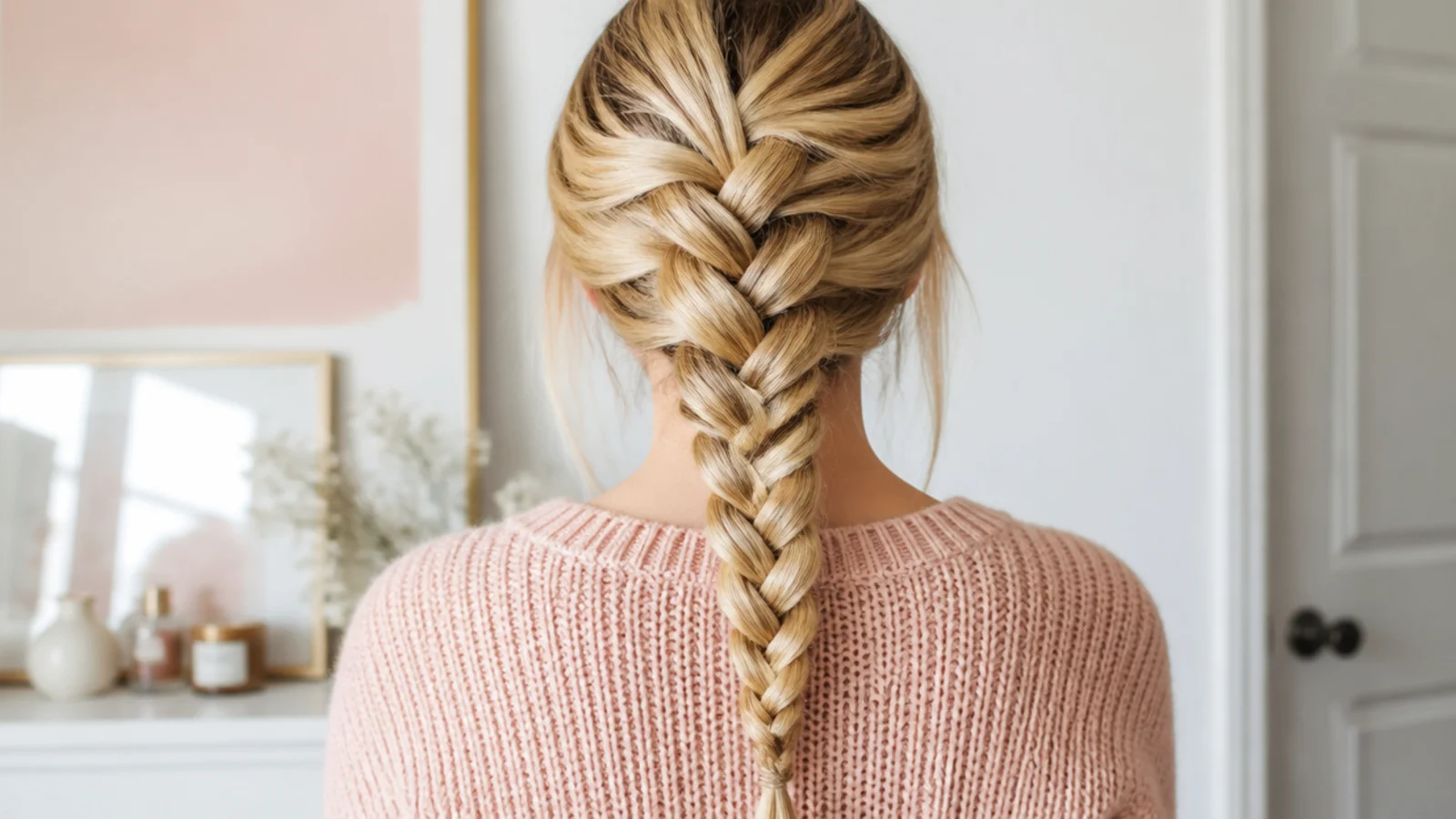 Faceless back view of a single French braid running down the center from the crown to the ends