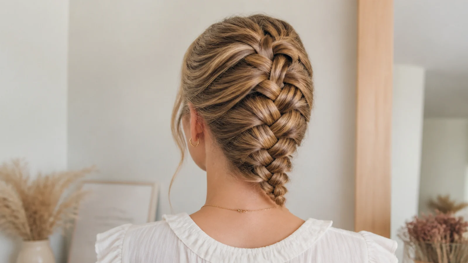 Faceless back view of one raised Dutch braid running down the center of the back of the head