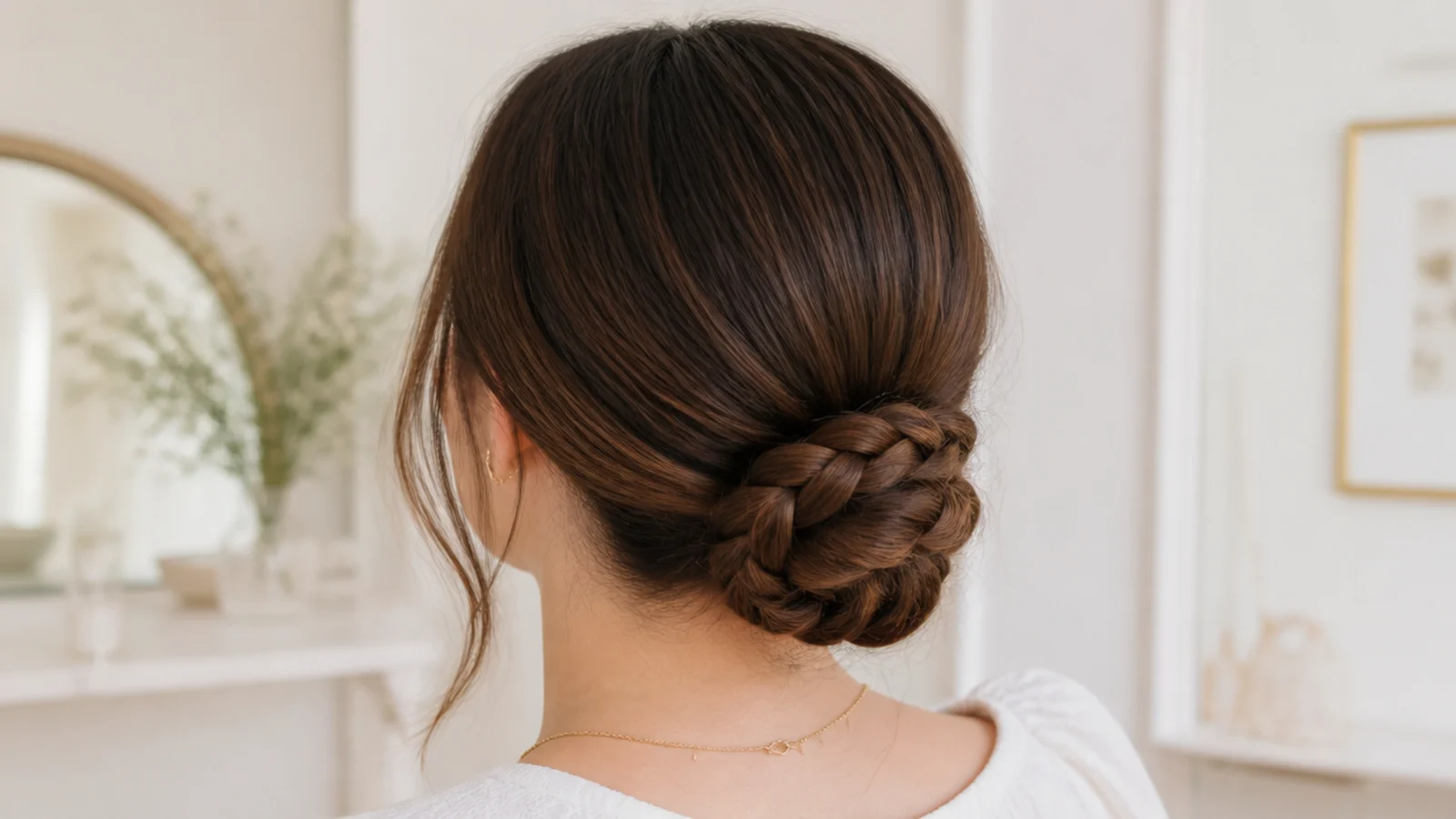Faceless back view of a low braided bun with a three-strand braid coiled and pinned at the nape
