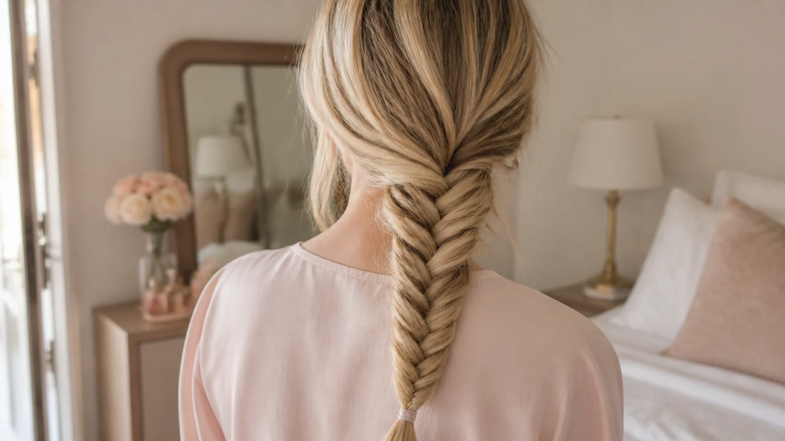 Faceless back view of an intricate fishtail braid with a fine woven texture down the back