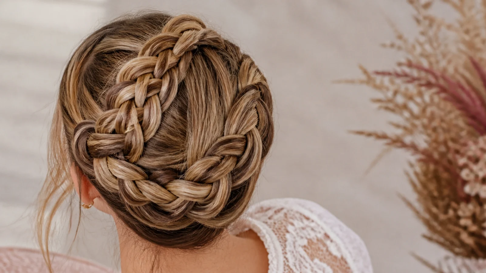 Faceless top view of two braids wrapped up and over the crown like a milkmaid halo, pinned in place